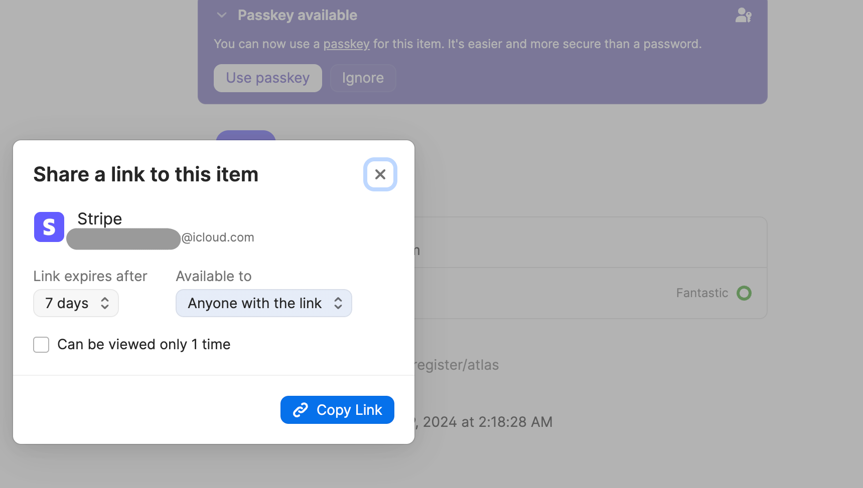 1Password share link expiry timer